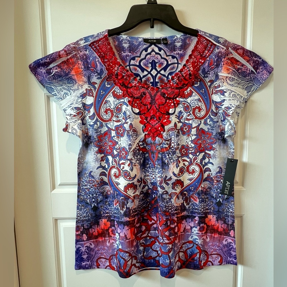 АРТ.9 Large Blouse Red, White and Blue. V-neck. New with tags.